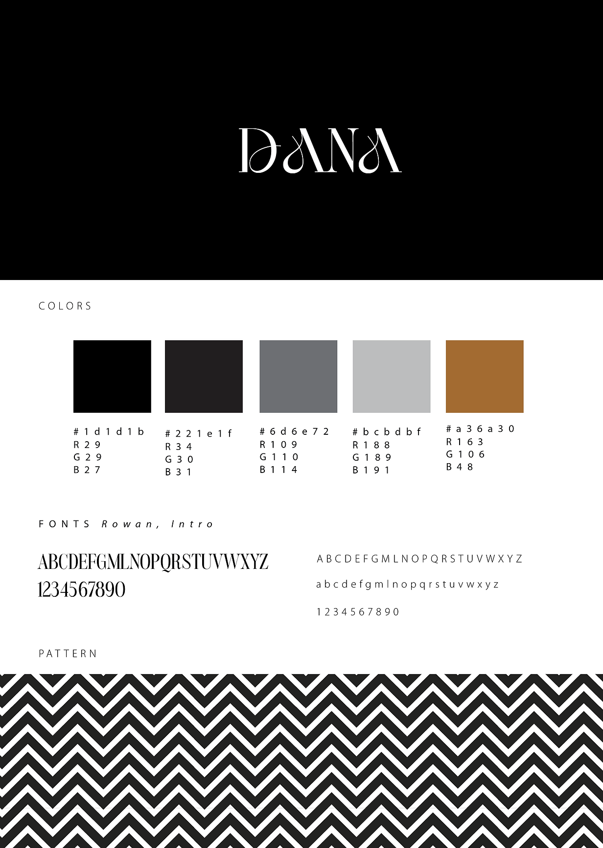 Business card and letterhead design for Dana in black and white