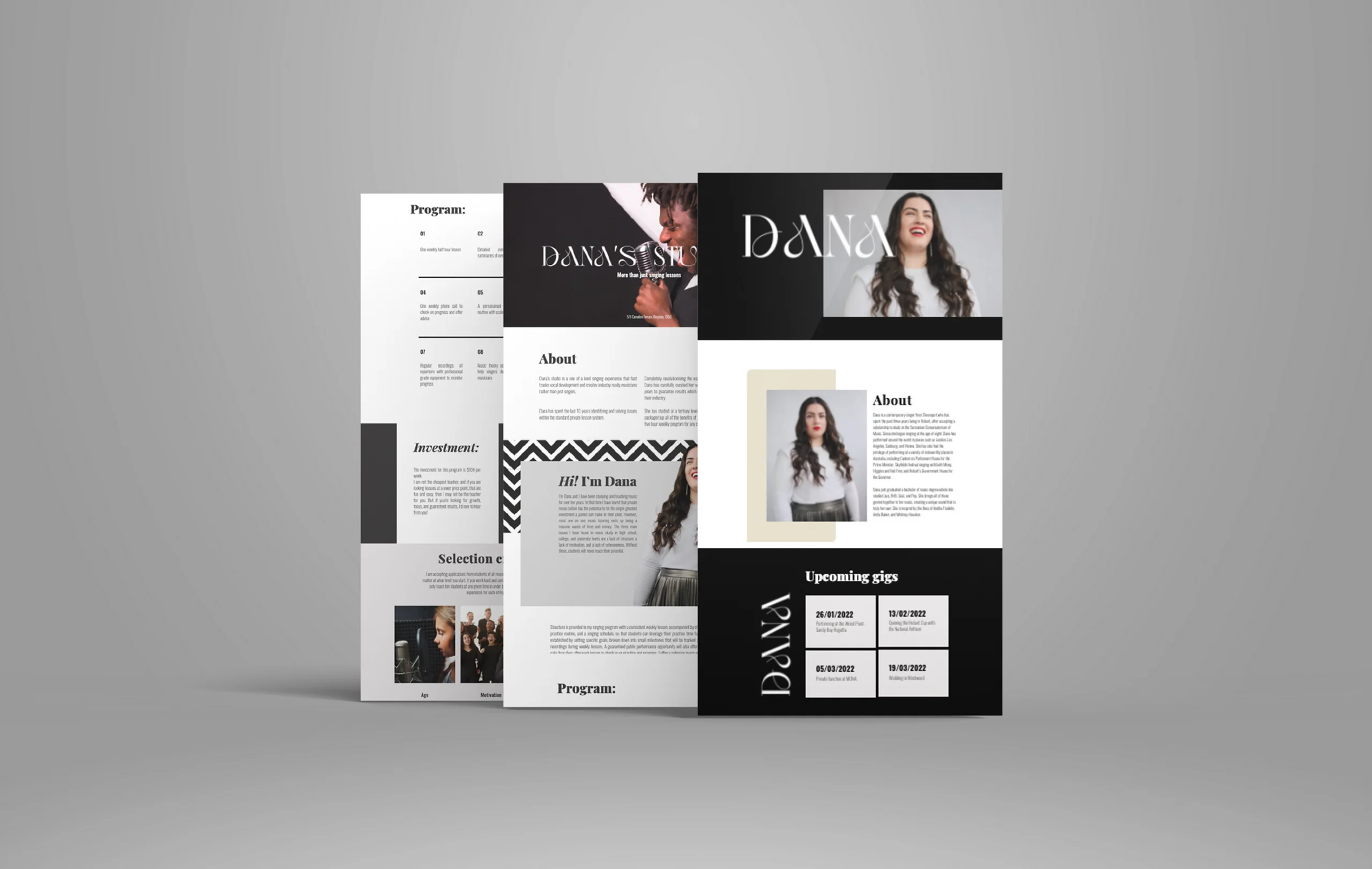 Dana website design with black and white color scheme